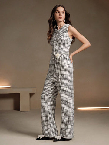 Anewsta 1set Plaid Sleeveless Jumpsuit, Elegant And Sophisticated Design