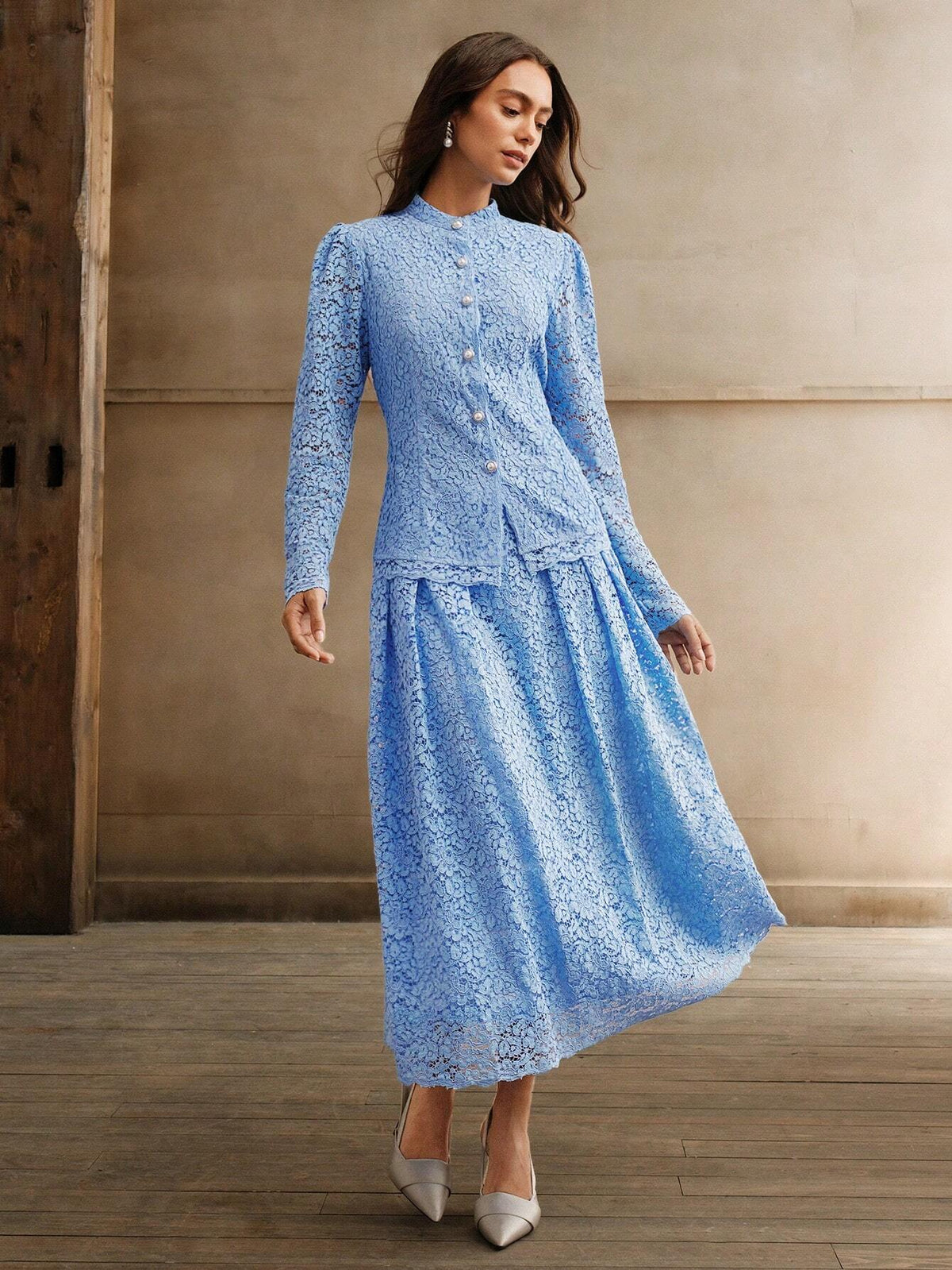 Anewsta 2 Piece Set: Blue Elegant Lace Waist Ruched Blouse And Skirt For Women