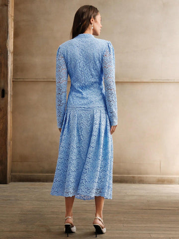 Anewsta 2 Piece Set: Blue Elegant Lace Waist Ruched Blouse And Skirt For Women