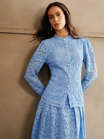 Anewsta 2 Piece Set: Blue Elegant Lace Waist Ruched Blouse And Skirt For Women