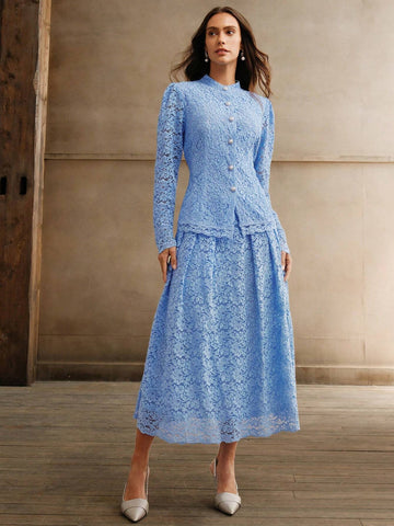 Anewsta 2 Piece Set: Blue Elegant Lace Waist Ruched Blouse And Skirt For Women