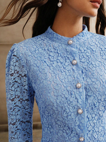 Anewsta 2 Piece Set: Blue Elegant Lace Waist Ruched Blouse And Skirt For Women