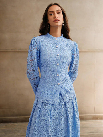 Anewsta 2 Piece Set: Blue Elegant Lace Waist Ruched Blouse And Skirt For Women