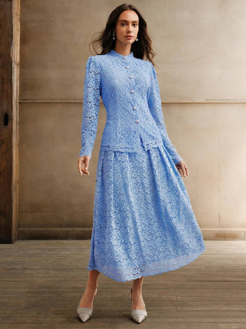 Anewsta 2 Piece Set: Blue Elegant Lace Waist Ruched Blouse And Skirt For Women