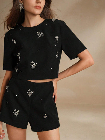 Anewsta 2pcs/Set Elegant Beaded Decoration Short Sleeve Shorts Summer Outfit