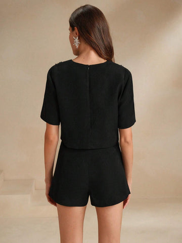 Anewsta 2pcs/Set Elegant Beaded Decoration Short Sleeve Shorts Summer Outfit