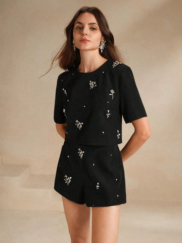 Anewsta 2pcs/Set Elegant Beaded Decoration Short Sleeve Shorts Summer Outfit