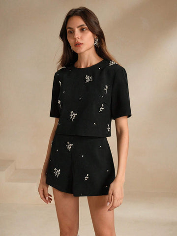 Anewsta 2pcs/Set Elegant Beaded Decoration Short Sleeve Shorts Summer Outfit