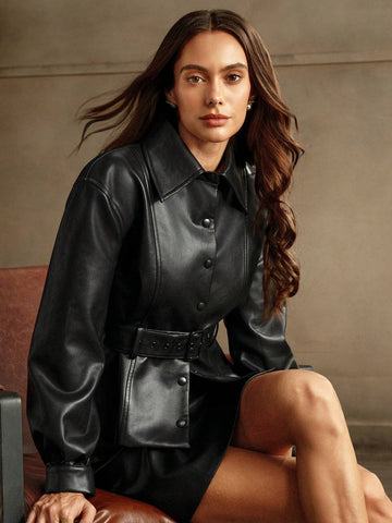 Anewsta 2pcs/Set Fashionable Casual Leather Jacket And Skirt