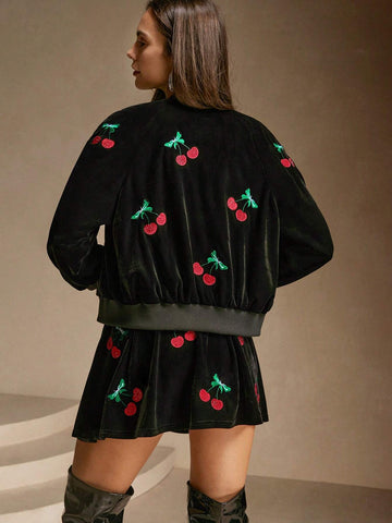 Anewsta 2pcs/Set Fashionable Cherry Blossom Embroidered Black A-Line Skirt + Baseball Jacket