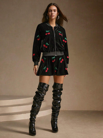 Anewsta 2pcs/Set Fashionable Cherry Blossom Embroidered Black A-Line Skirt + Baseball Jacket