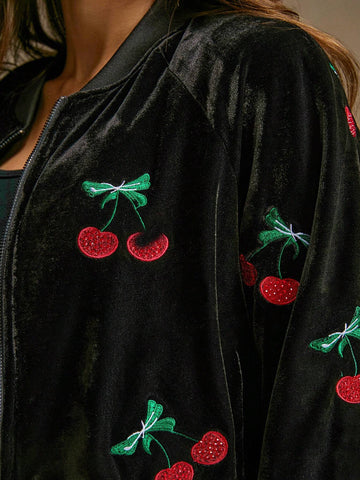 Anewsta 2pcs/Set Fashionable Cherry Blossom Embroidered Black A-Line Skirt + Baseball Jacket