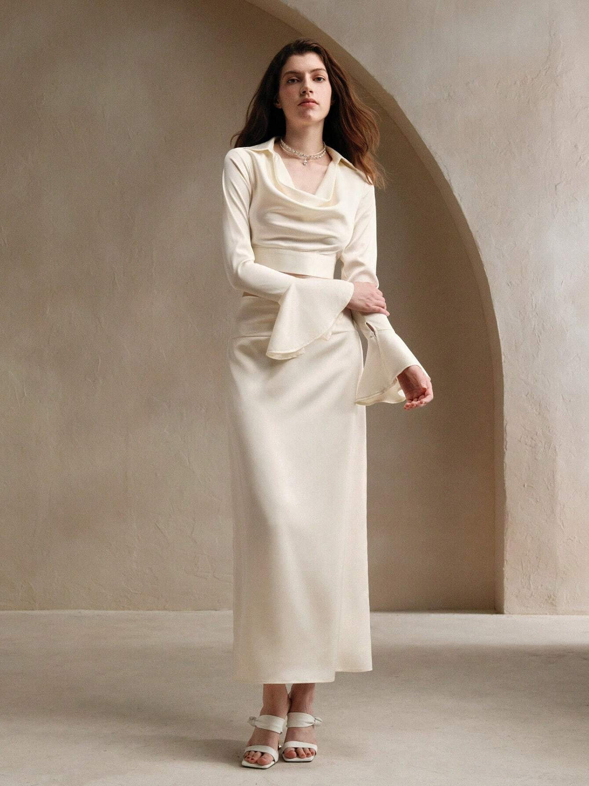 Anewsta 2pcs Set: Elegant Off-Shoulder Flare Sleeve Top And Mini Skirt