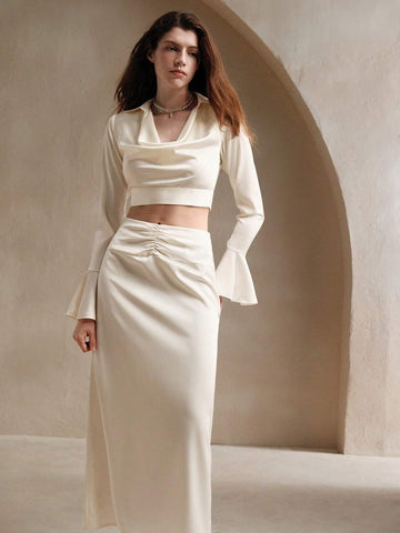 Anewsta 2pcs Set: Elegant Off-Shoulder Flare Sleeve Top And Mini Skirt