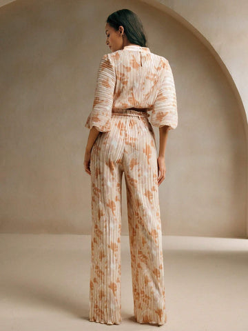 Anewsta 2pcs Set, Women's Elegant Printed Pleated Blouse And Shorts, Summer