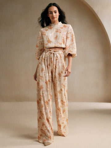 Anewsta 2pcs Set, Women's Elegant Printed Pleated Blouse And Shorts, Summer