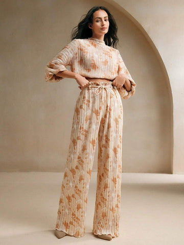 Anewsta 2pcs Set, Women's Elegant Printed Pleated Blouse And Shorts, Summer