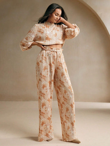 Anewsta 2pcs Set, Women's Elegant Printed Pleated Blouse And Shorts, Summer