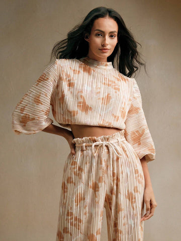 Anewsta 2pcs Set, Women's Elegant Printed Pleated Blouse And Shorts, Summer