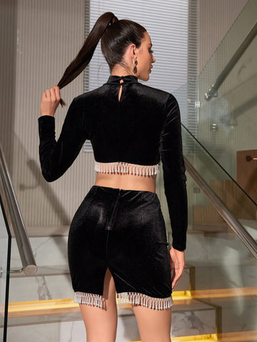 Anewsta 2pcs Velvet Set With Pearl Tassel Decoration