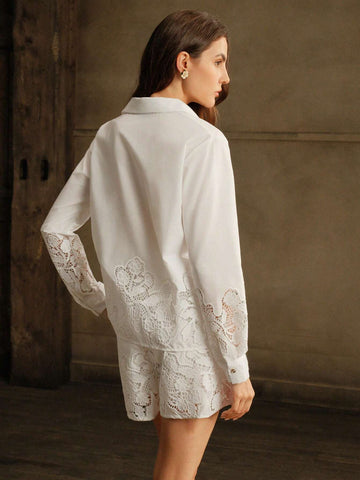 Anewsta 2pcs Women Elegant Casual Lace Hollow Embroidery Long Sleeve Shirt + Shorts Set, Spring Summer