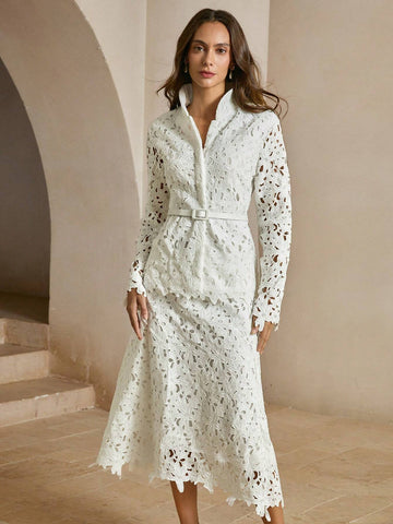 Anewsta 2pcs Women Floral Lace Blouse And A-Line Skirt Set