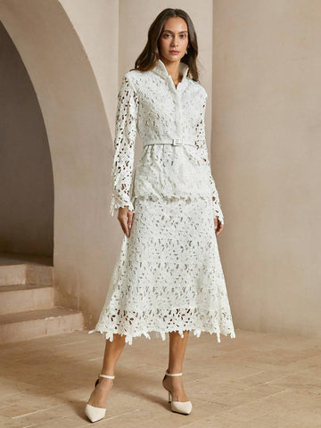 Anewsta 2pcs Women Floral Lace Blouse And A-Line Skirt Set