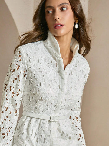 Anewsta 2pcs Women Floral Lace Blouse And A-Line Skirt Set