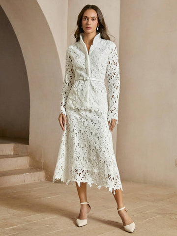 Anewsta 2pcs Women Floral Lace Blouse And A-Line Skirt Set