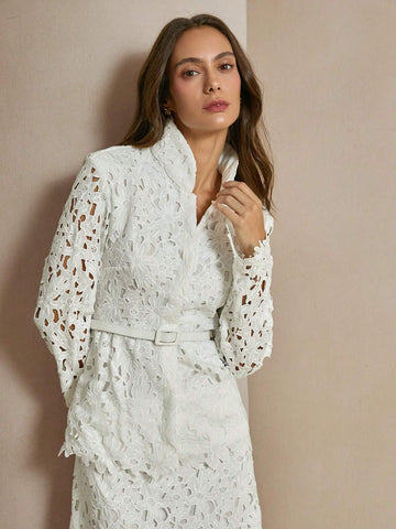 Anewsta 2pcs Women Floral Lace Blouse And A-Line Skirt Set