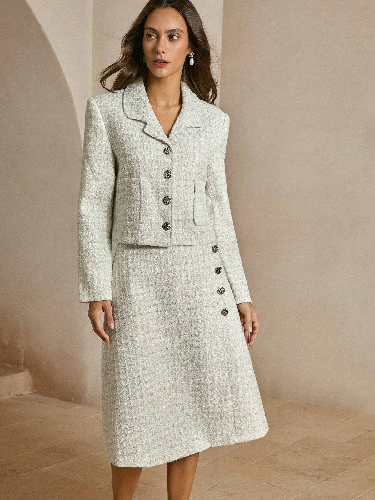 Anewsta 2pcs Women's Premium Button Textured Long Sleeve Jacket And Midi Skirt Elegant Set, Autumn & Winter