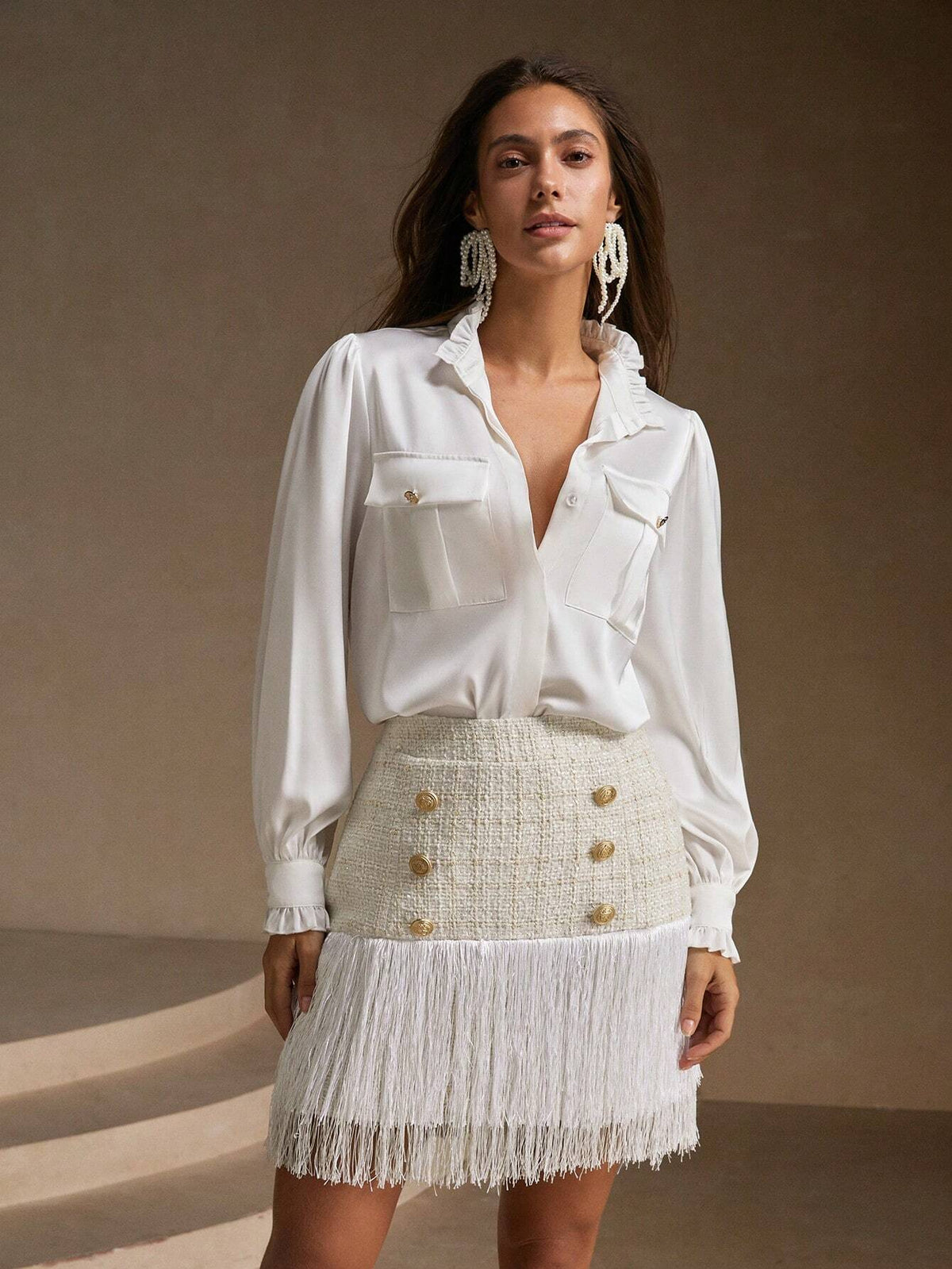 Anewsta 2pcs Women's Ruffled Pocket Blouse And Plaid Skirt Elegant Set, Spring Summer