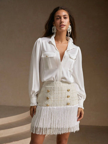 Anewsta 2pcs Women's Ruffled Pocket Blouse And Plaid Skirt Elegant Set, Spring Summer