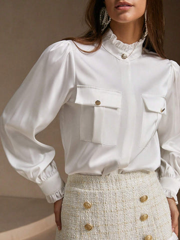 Anewsta 2pcs Women's Ruffled Pocket Blouse And Plaid Skirt Elegant Set, Spring Summer