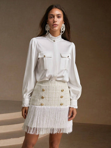 Anewsta 2pcs Women's Ruffled Pocket Blouse And Plaid Skirt Elegant Set, Spring Summer