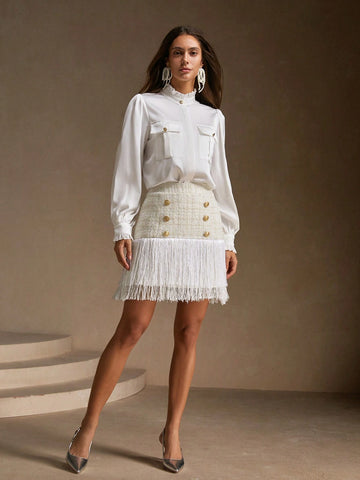 Anewsta 2pcs Women's Ruffled Pocket Blouse And Plaid Skirt Elegant Set, Spring Summer