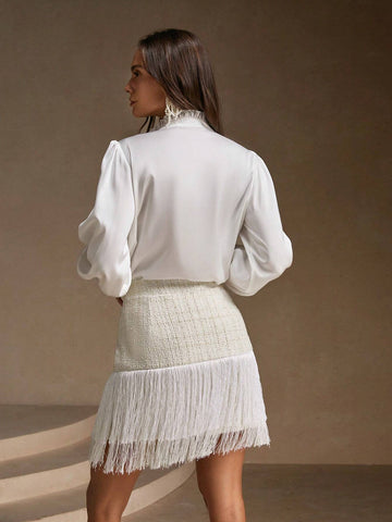 Anewsta 2pcs Women's Ruffled Pocket Blouse And Plaid Skirt Elegant Set, Spring Summer