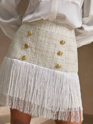 Anewsta 2pcs Women's Ruffled Pocket Blouse And Plaid Skirt Elegant Set, Spring Summer