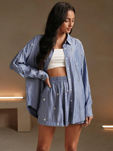 Anewsta 2pcs Women's Shirt Collar Button Crystal Decor Long Sleeve Striped Blouse And Shorts Casual Set