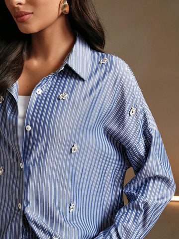 Anewsta 2pcs Women's Shirt Collar Button Crystal Decor Long Sleeve Striped Blouse And Shorts Casual Set