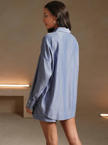 Anewsta 2pcs Women's Shirt Collar Button Crystal Decor Long Sleeve Striped Blouse And Shorts Casual Set