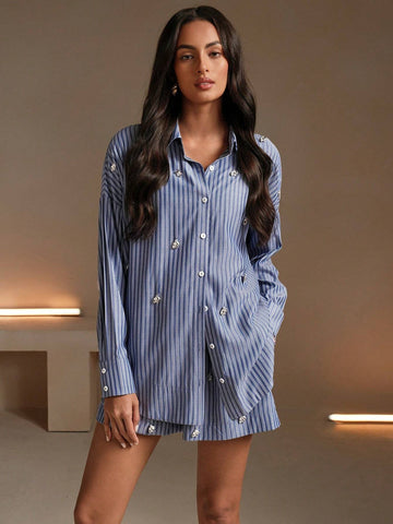 Anewsta 2pcs Women's Shirt Collar Button Crystal Decor Long Sleeve Striped Blouse And Shorts Casual Set