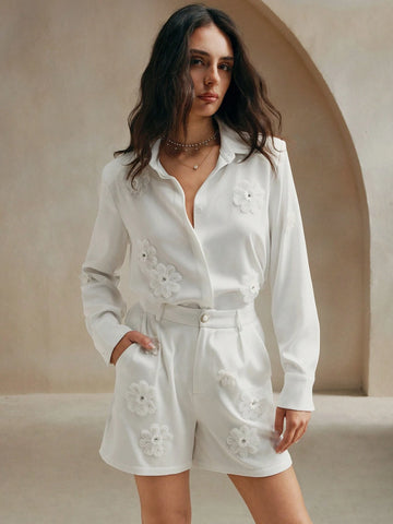 Anewsta 3D Flower Decor Button-Up Top And Shorts Casual 2-Piece Outfit