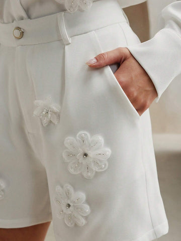 Anewsta 3D Flower Decor Button-Up Top And Shorts Casual 2-Piece Outfit