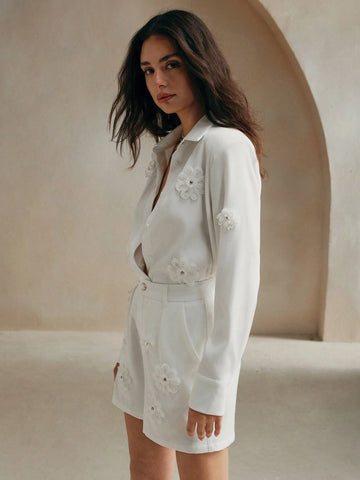 Anewsta 3D Flower Decor Button-Up Top And Shorts Casual 2-Piece Outfit