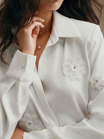 Anewsta 3D Flower Decor Button-Up Top And Shorts Casual 2-Piece Outfit