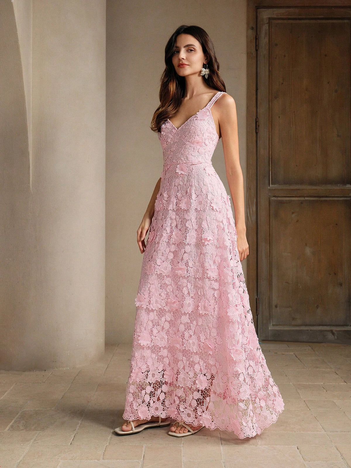 Anewsta 3D Flower Seaside Vacation Pink Spaghetti Strap Sleeveless Dress, Summer Elegant Style