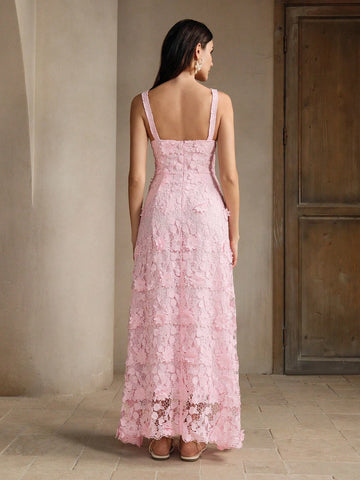 Anewsta 3D Flower Seaside Vacation Pink Spaghetti Strap Sleeveless Dress, Summer Elegant Style