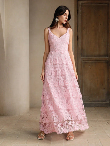 Anewsta 3D Flower Seaside Vacation Pink Spaghetti Strap Sleeveless Dress, Summer Elegant Style