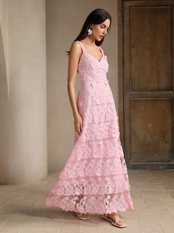 Anewsta 3D Flower Seaside Vacation Pink Spaghetti Strap Sleeveless Dress, Summer Elegant Style